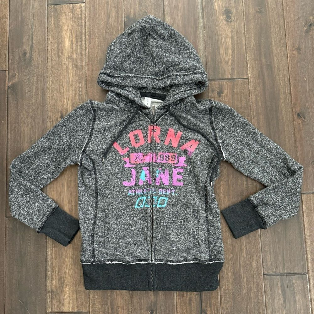 Lorna Jane Active Gray Heathered Full Zip Hoodie Rainbow Lettering S